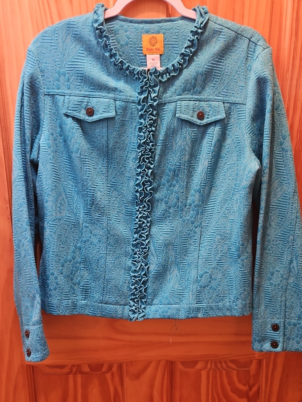 Ruby Rd. Teal Ruffle-Trim Jacquard Jacket